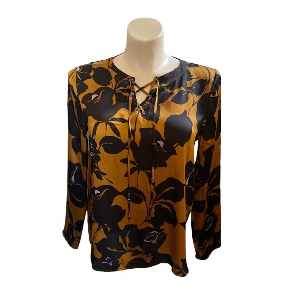 The Limited Satin Gold & Black Botanical Print Lace-Up Blouse L- Vintage Vibes